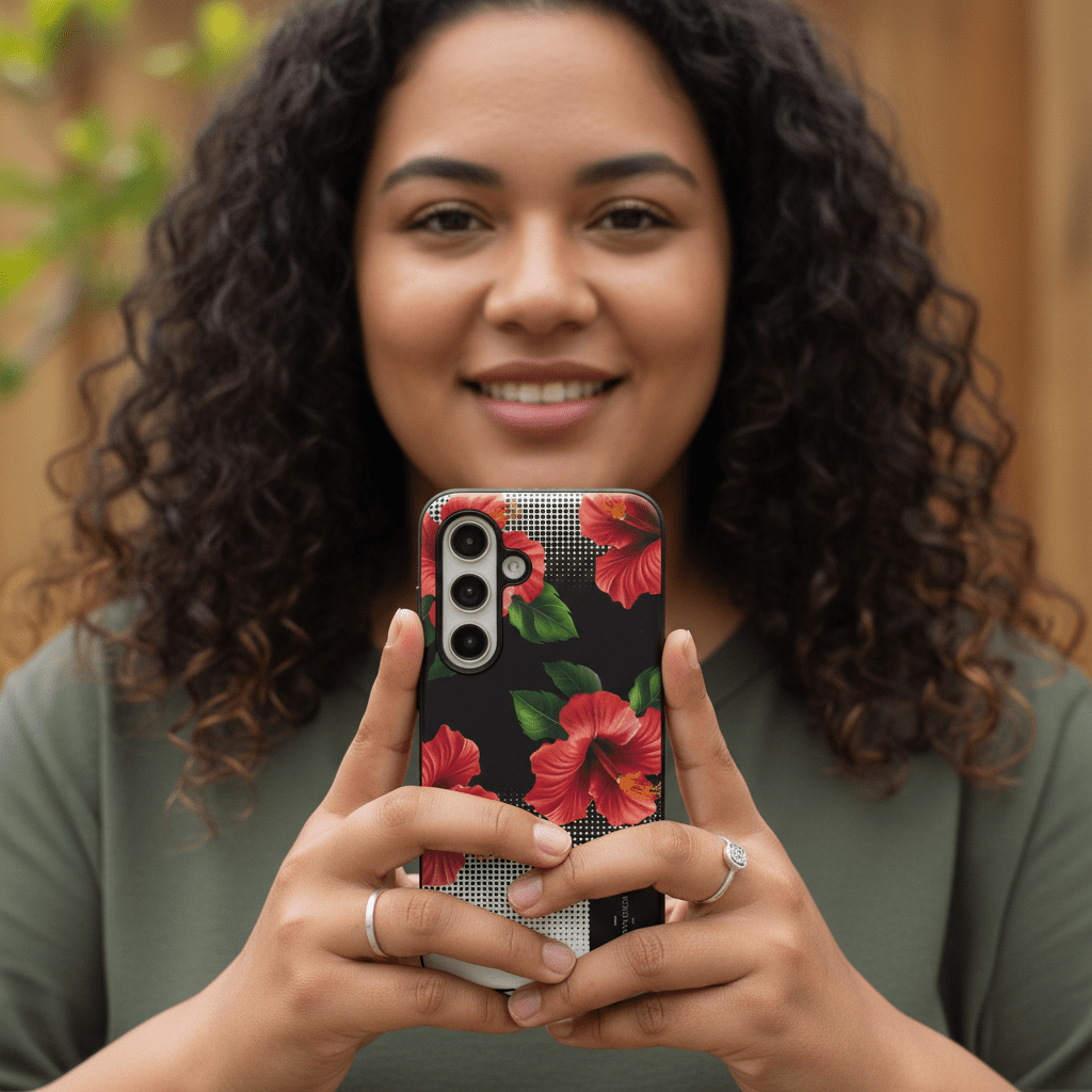 Samsung Tough Phone Case featuring Aute design, fits Samsung phones, with vibrant Samoa-inspired artwork.