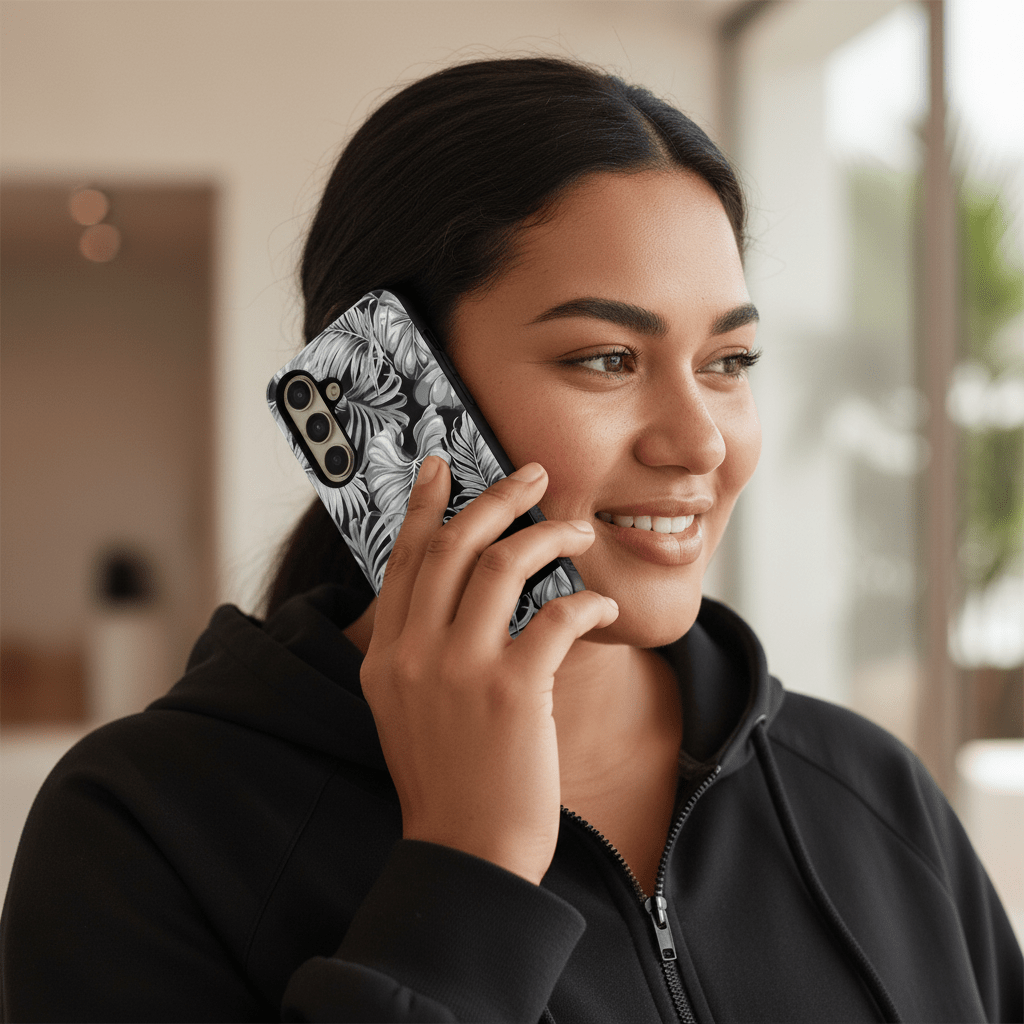 Samsung tough phone case in Falealili Shades by WOYC, featuring vibrant tropical design for Galaxy smartphones.