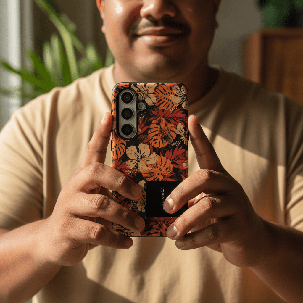 Samsung Tough Phone Case by WOYC in Lalomanu Ember design, durable protective case for Samsung smartphones.