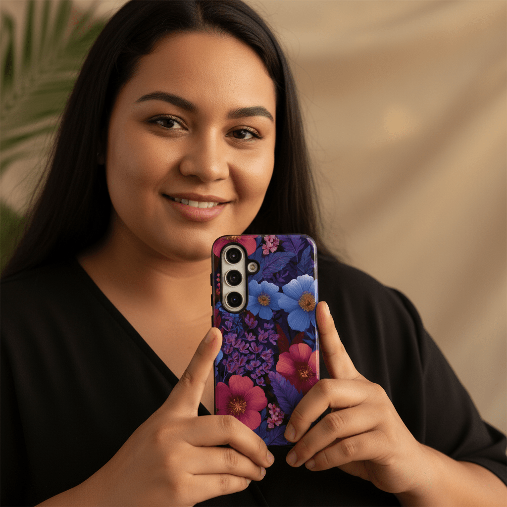 Samsung Tough Phone Case with Lavender Tropics, featuring tropical floral artwork on a durable protective case.