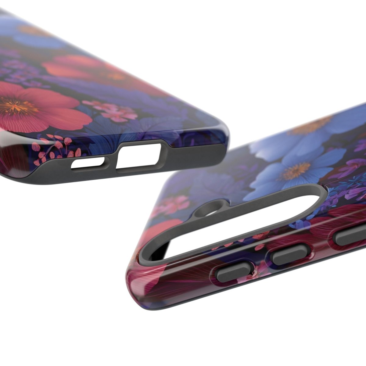 Samsung Tough Phone Case in Lavender Tropics design by Printify, featuring tropical floral patterns on a durable phone case.