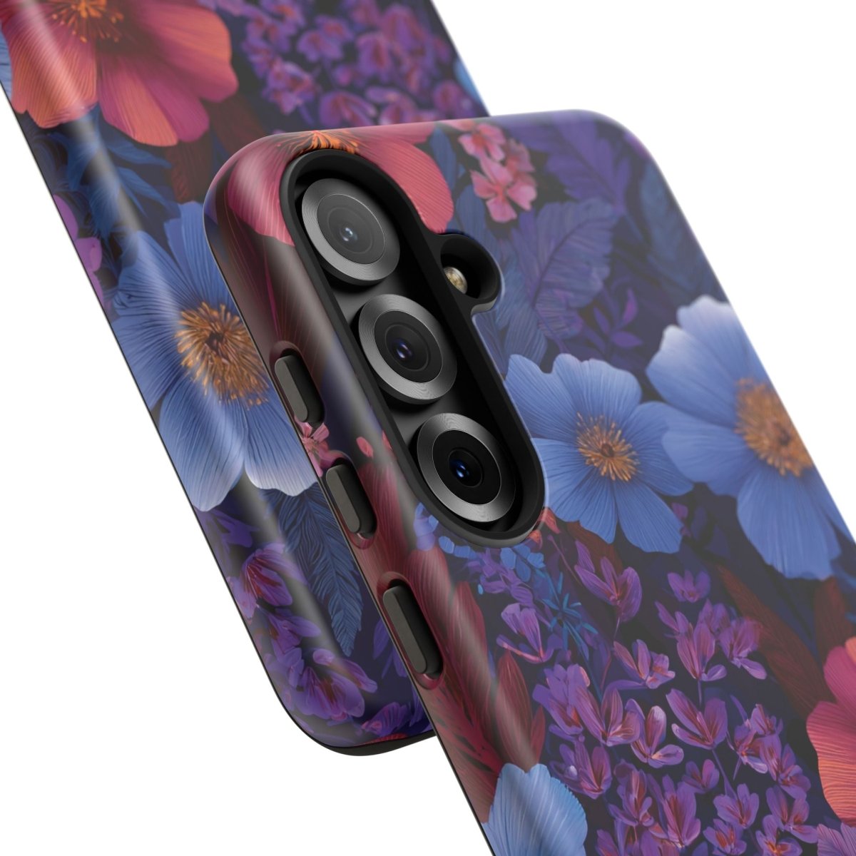 Samsung Tough Phone Case in Lavender Tropics design by Printify, featuring tropical floral patterns for Galaxy smartphones.