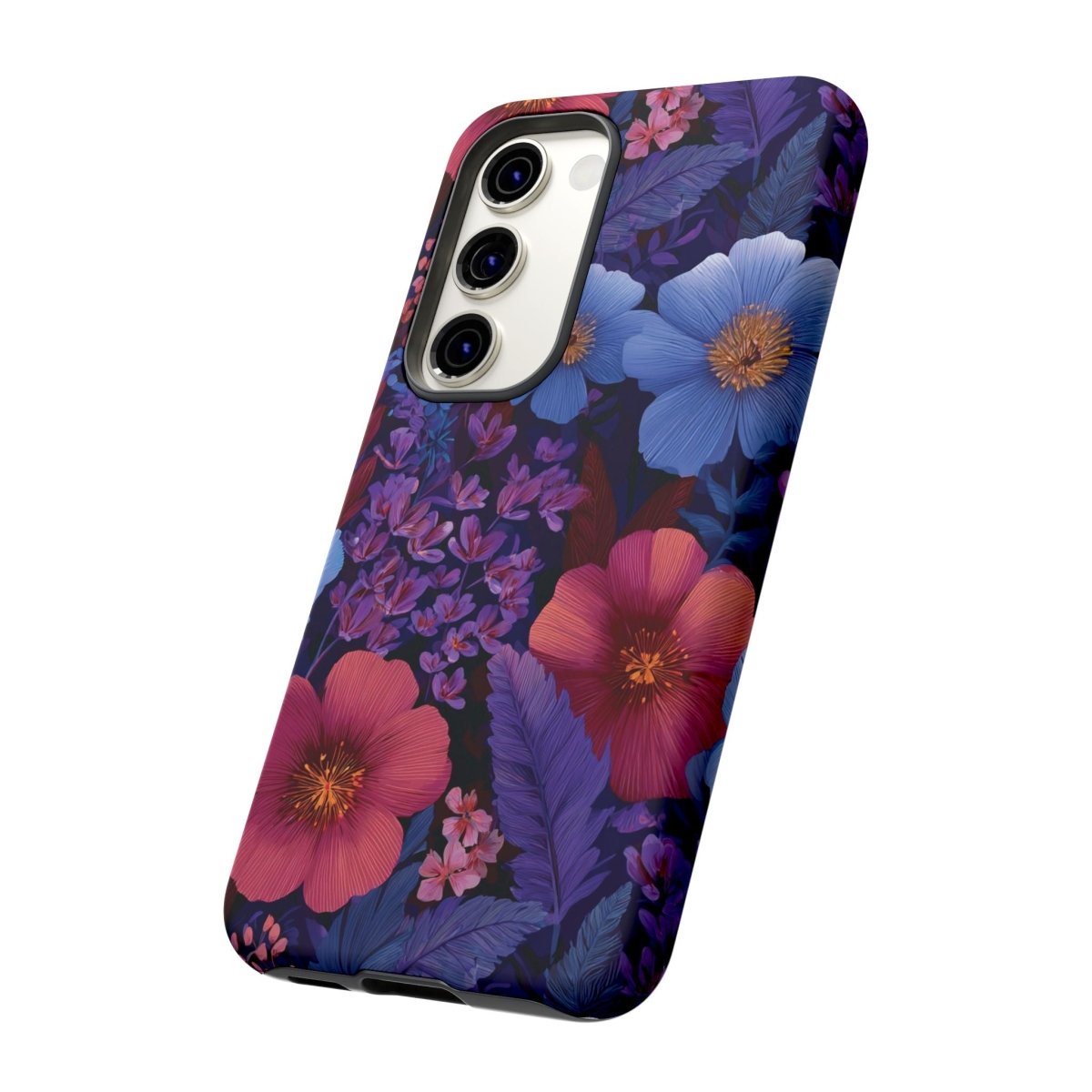 Samsung Tough Phone Case with Lavender Tropics design by Printify, featuring vibrant tropical floral patterns.