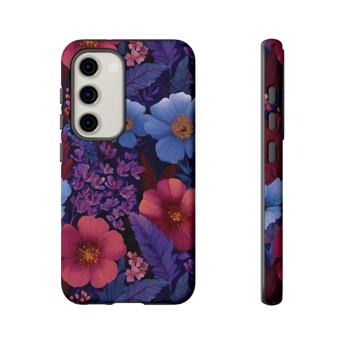 Samsung Tough Phone Case in Lavender Tropics design by Printify, featuring vibrant tropical patterns for Galaxy smartphones.