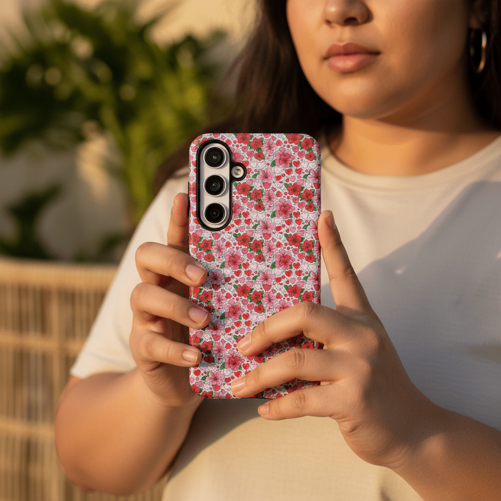 Samsung Tough Phone Case by WOYC with Love & Aute design, featuring tropical patterns on durable protective cover for smartphones.