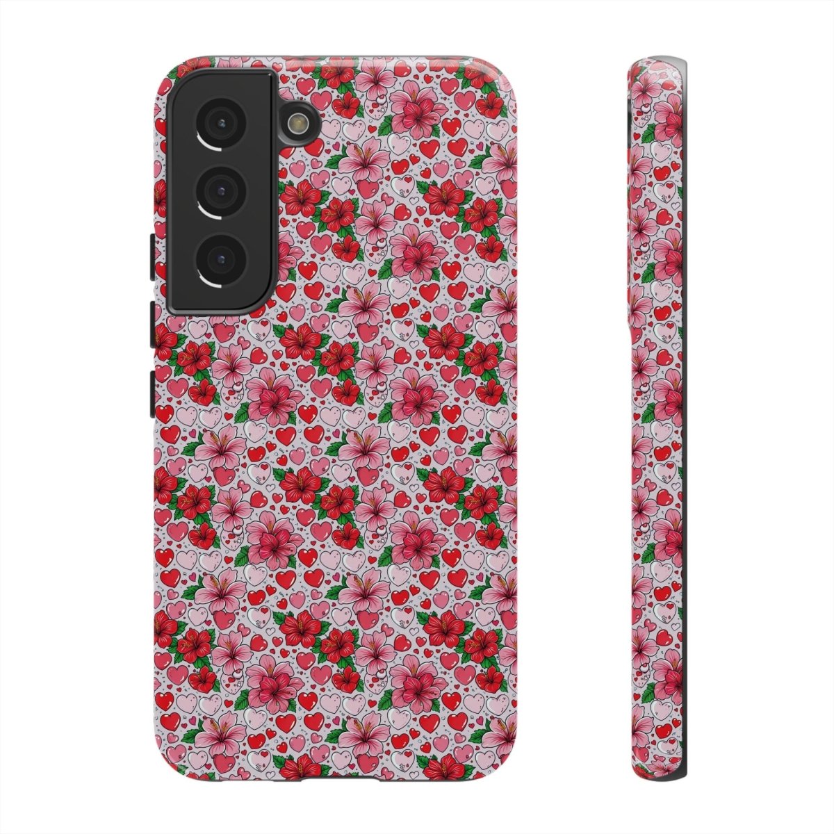 Samsung Tough Phone Case with Love & Aute design, printed by Printify, featuring tropical motifs on a durable protective cover.