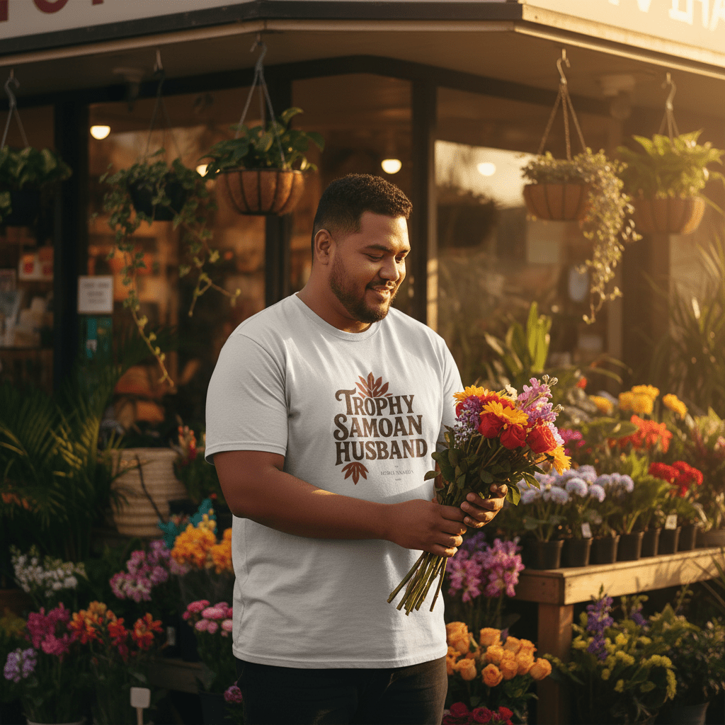 Soft men's T-shirt featuring a Trophy Samoan Husband design, with a comfortable fit and cultural graphic.