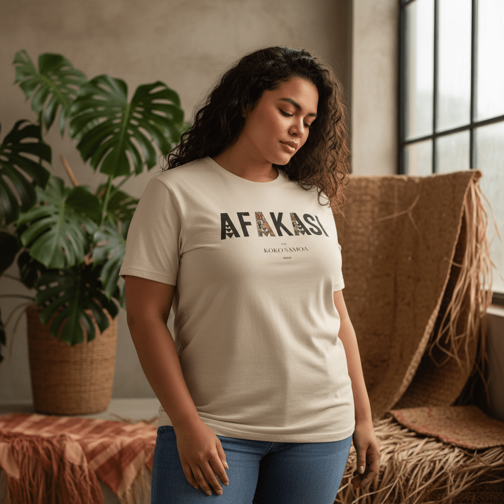 Soft unisex Afakasi T-shirt featuring Koko Samoa design, made in the USA, with comfortable fabric and casual fit.