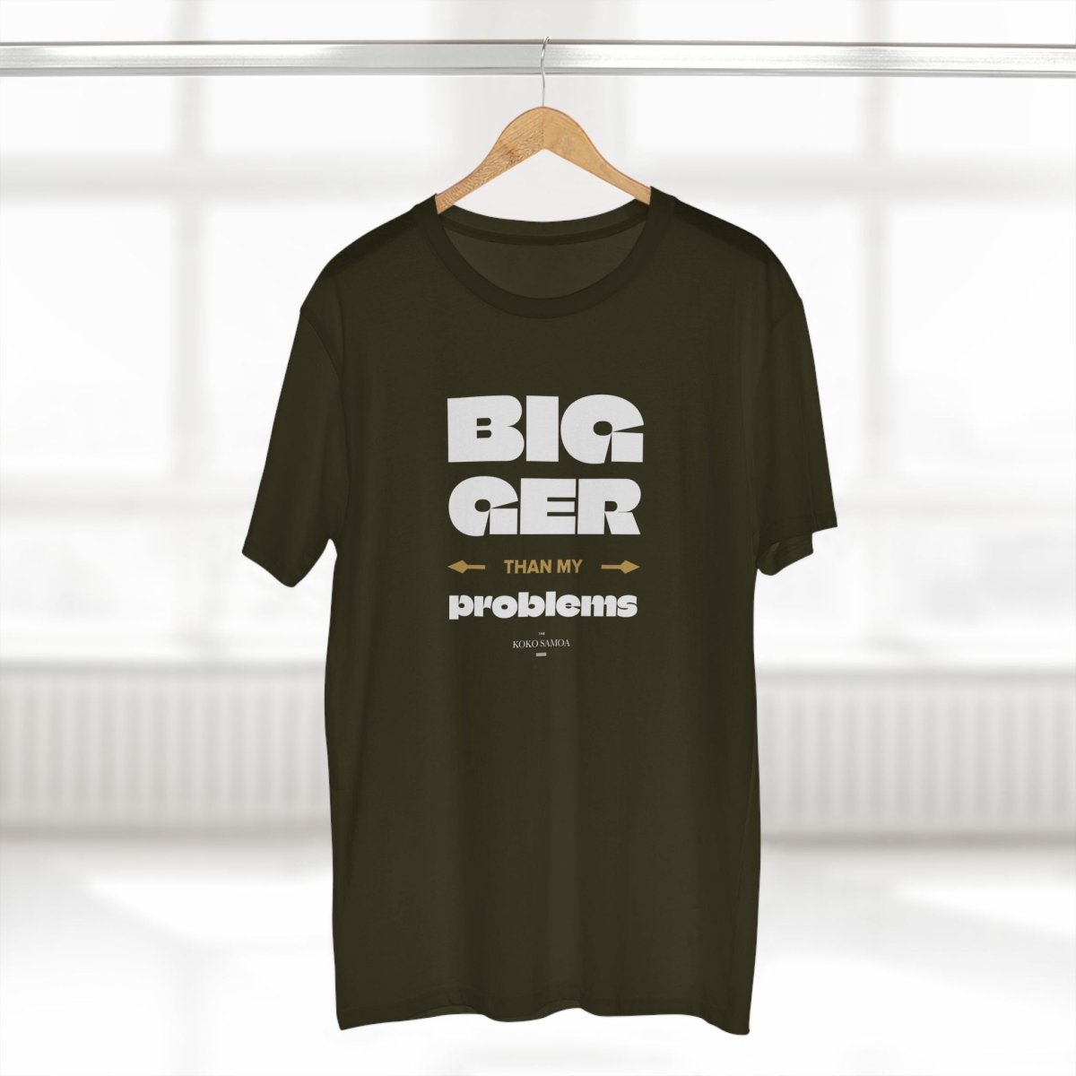 Soft unisex T-shirt from The Print Bar with "Bigger Than Problems" slogan, featuring a comfortable fit and casual style.