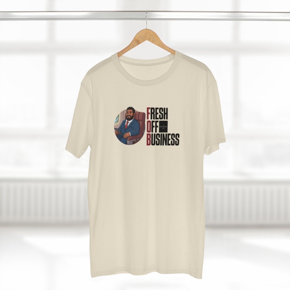 Soft unisex T-shirt by The Print Bar featuring "Fresh Off Business" design in AU/NZ sizing, shown in a casual wear context.
