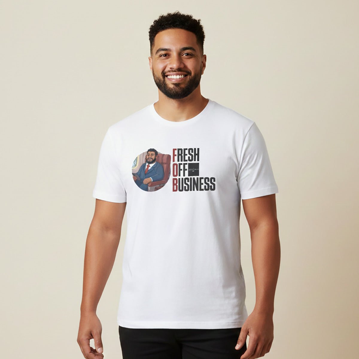 Soft unisex T-shirt from The Print Bar featuring "Fresh Off Business" design, casual fit, and comfortable fabric.