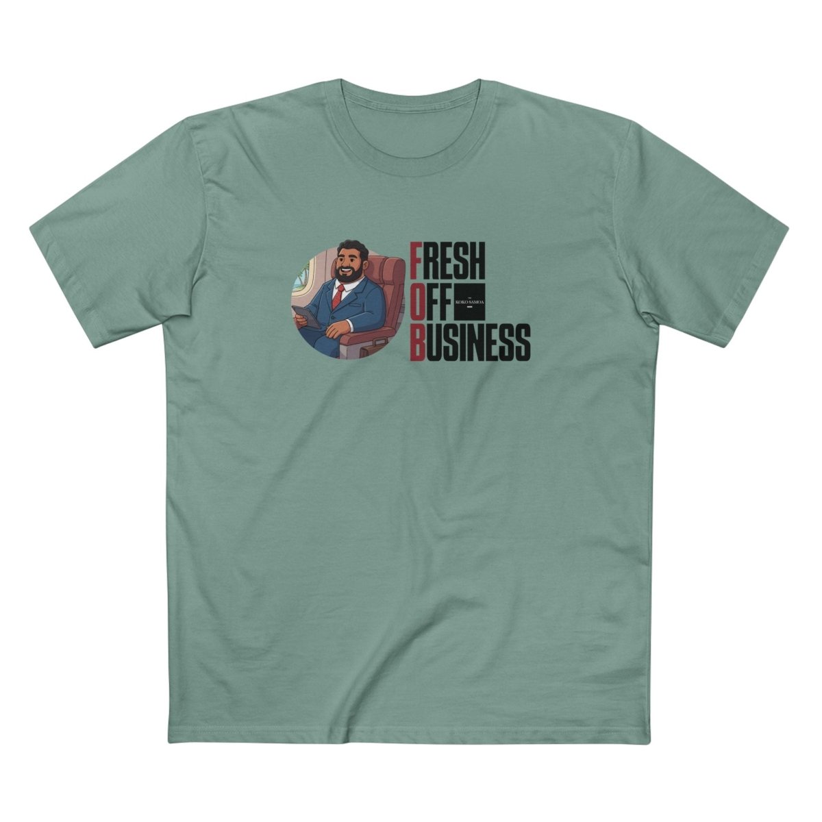 Soft unisex T-shirt from The Print Bar with "Fresh Off Business" design, shown in a light fabric and relaxed fit.