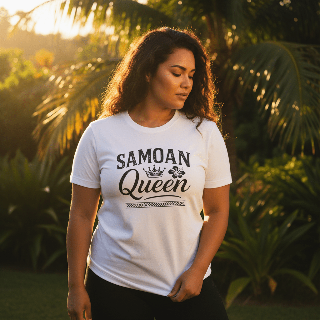 Soft unisex Samoan Queen T-shirt by The Print Bar, featuring a comfortable fit and bold design in natural colors.