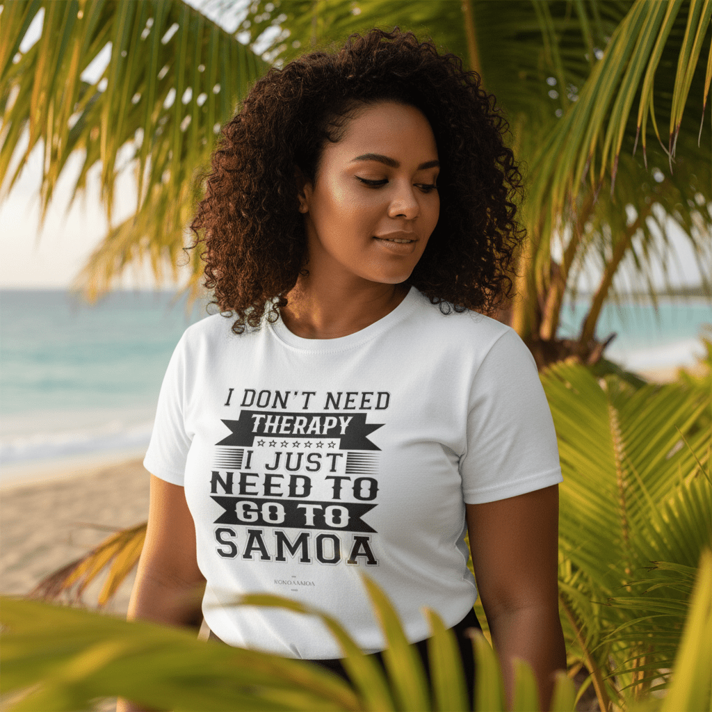 Soft unisex T-shirt featuring Samoan Therapy design, showcasing vibrant print on a comfortable cotton fabric.