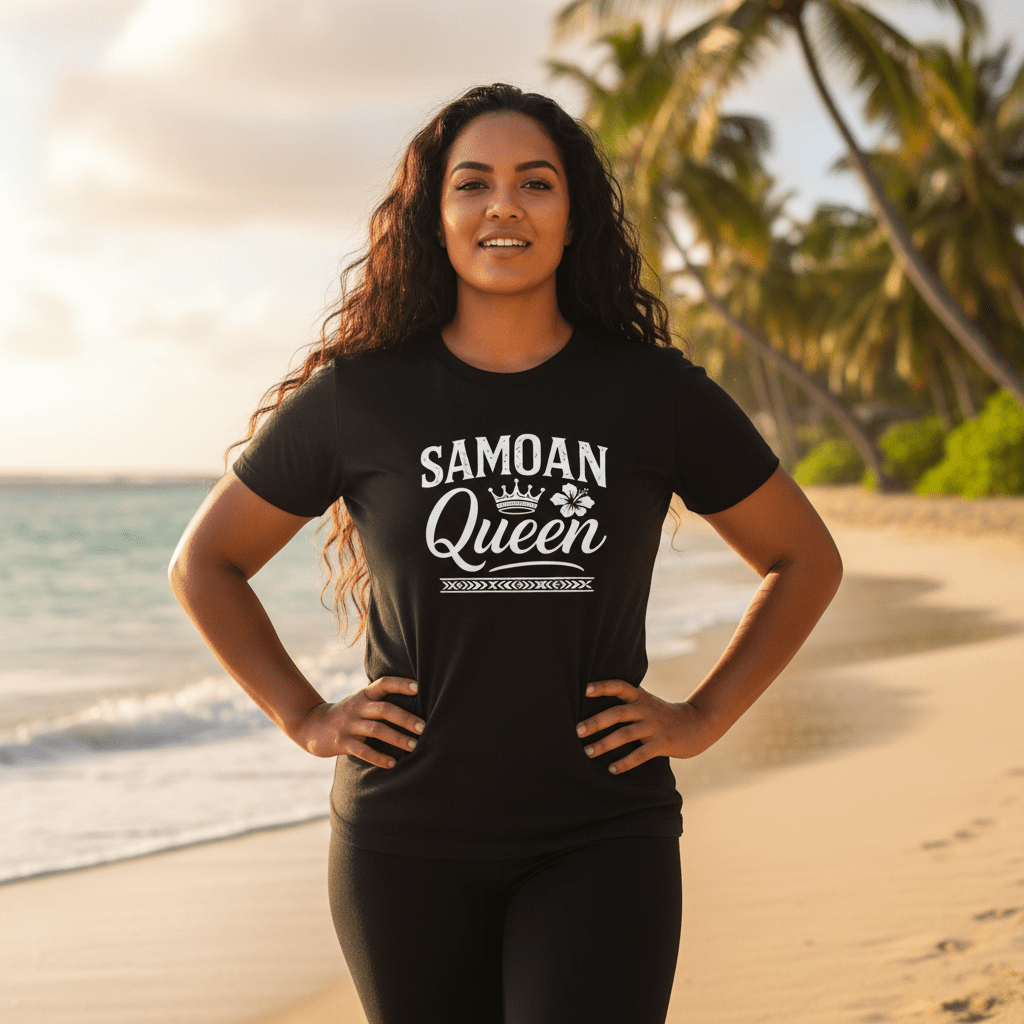 Soft unisex Samoan Queen T-shirt by The Print Bar featuring a comfortable design and cultural artwork on a light background.