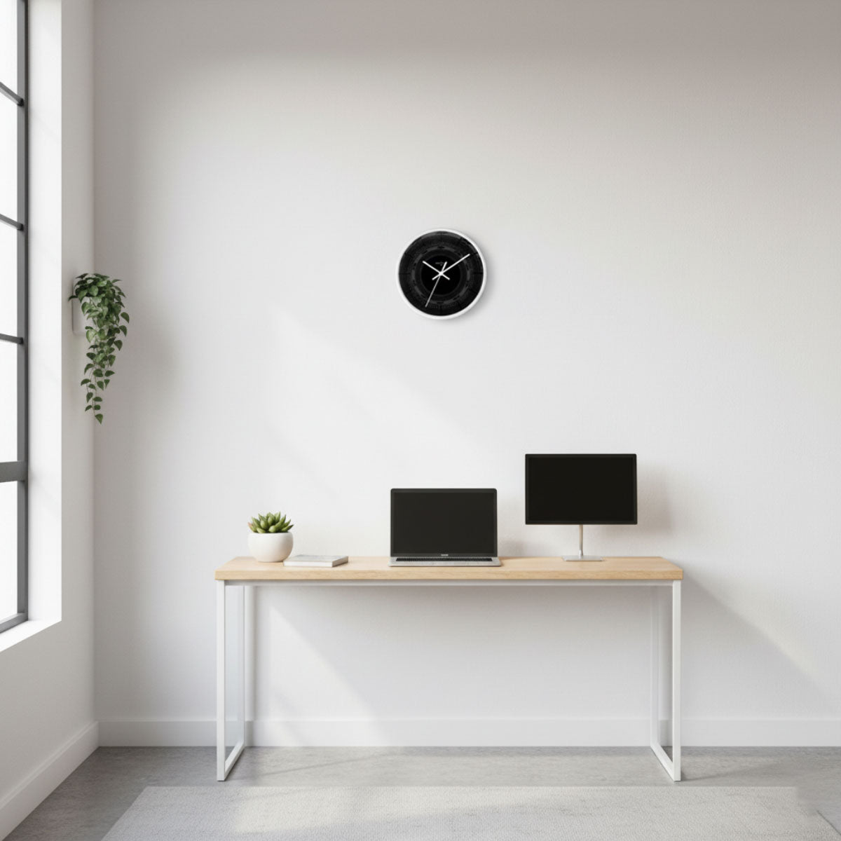 Black 10-inch wall clock with a Pe'a, featuring a sleek black face and modern home decor style.