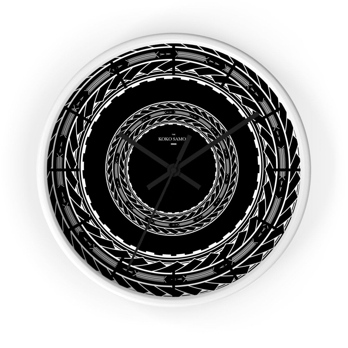 Black 10-inch wall clock featuring Samoan arrows design, ideal for home decor,.