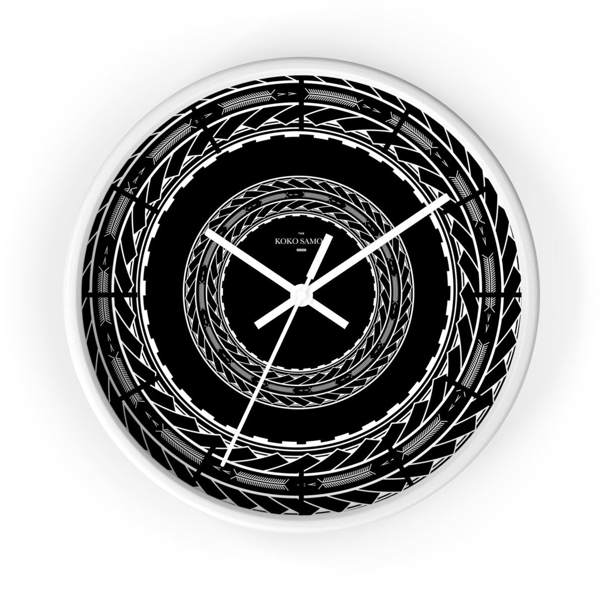 Black 10-inch wall clock with Samoan arrows design, stylish home decor piece featuring a modern black base.