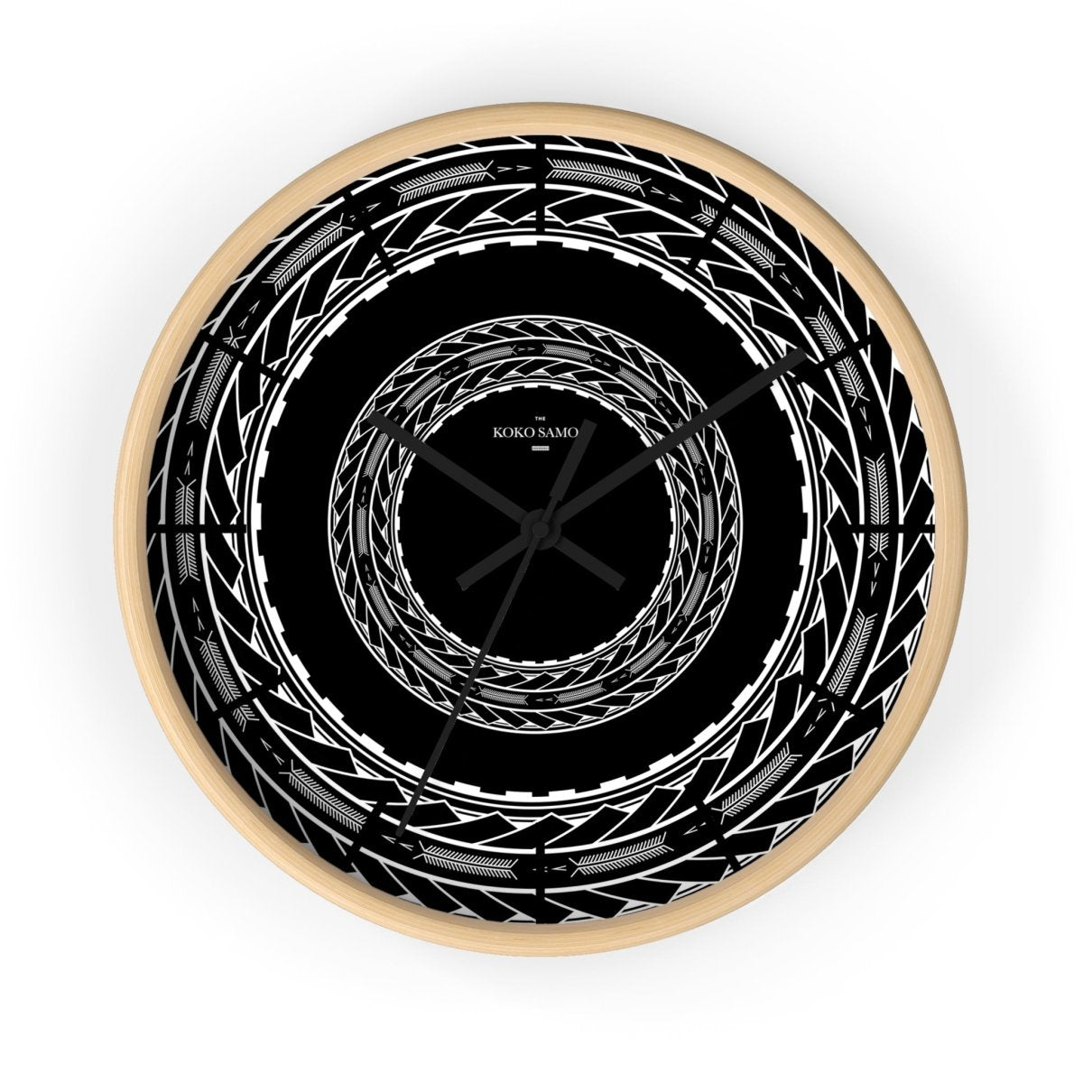 Black 10-inch wall clock featuring Samoan arrow design, ideal for home decor,.