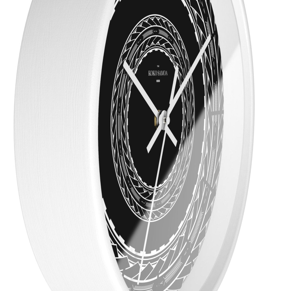 Black 10-inch wall clock featuring Samoan arrows design, ideal for home decor, with a modern black base.