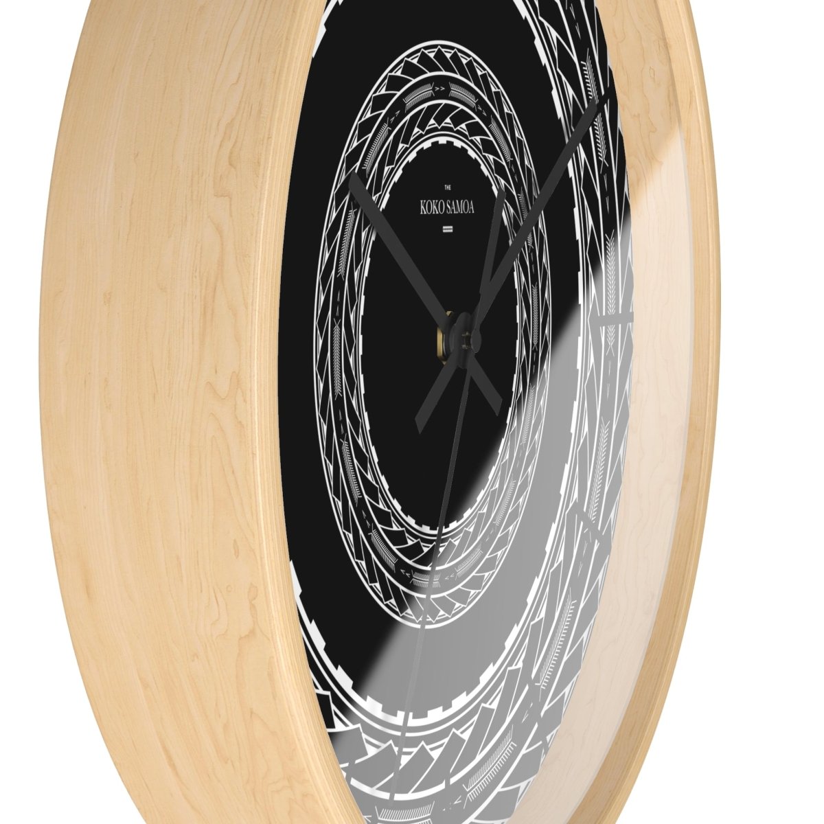 Black 10-inch wall clock with Samoan arrows design, ideal for home decor, featuring a modern black base and minimalist style.