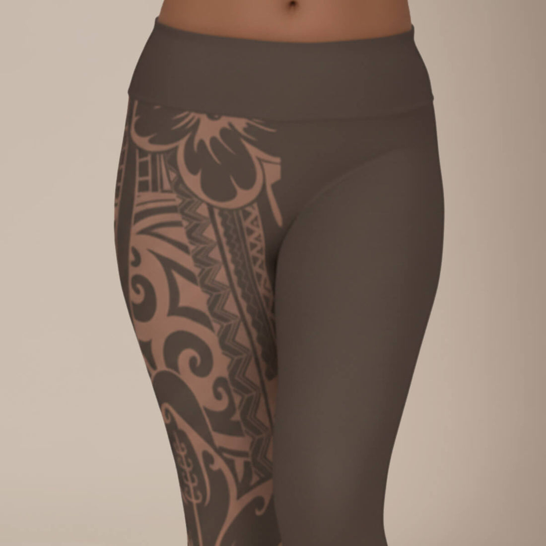 Plus size Subliminator IslandCurvy leggings in Bloom Mocha Mousse, 2XL to 6XL, showing the fabric and fit on a model.