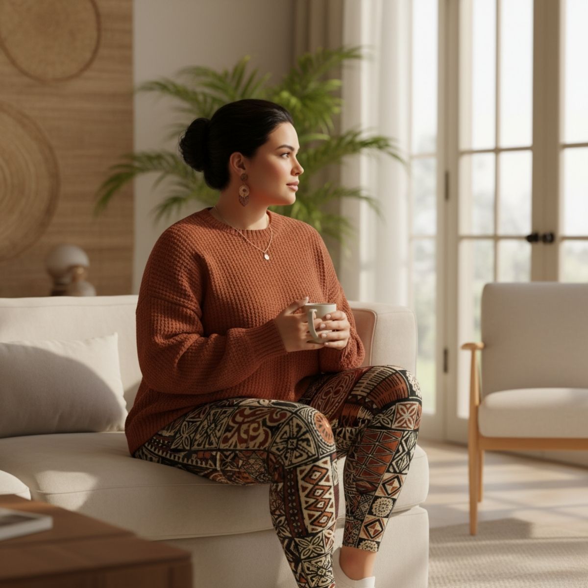 Plus size IslandCurvy 2XL to 6XL leggings with Elei pattern by Subliminator, shown in vibrant print and comfortable fit.