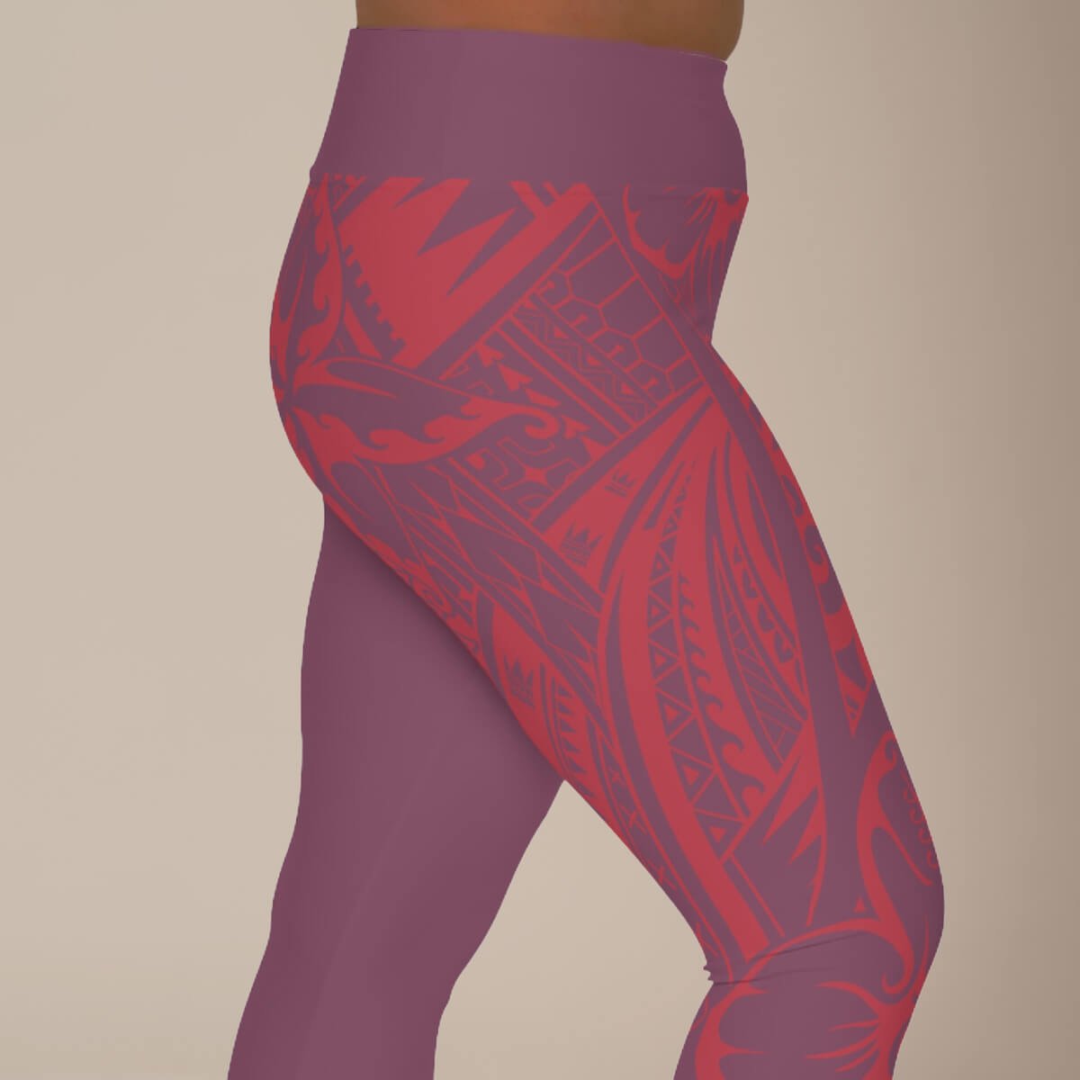 Plus size IslandCurvy 2XL to 6XL leggings in Winterberry Red by Subliminator, featuring a close-up of the vibrant, stretchy fabric.