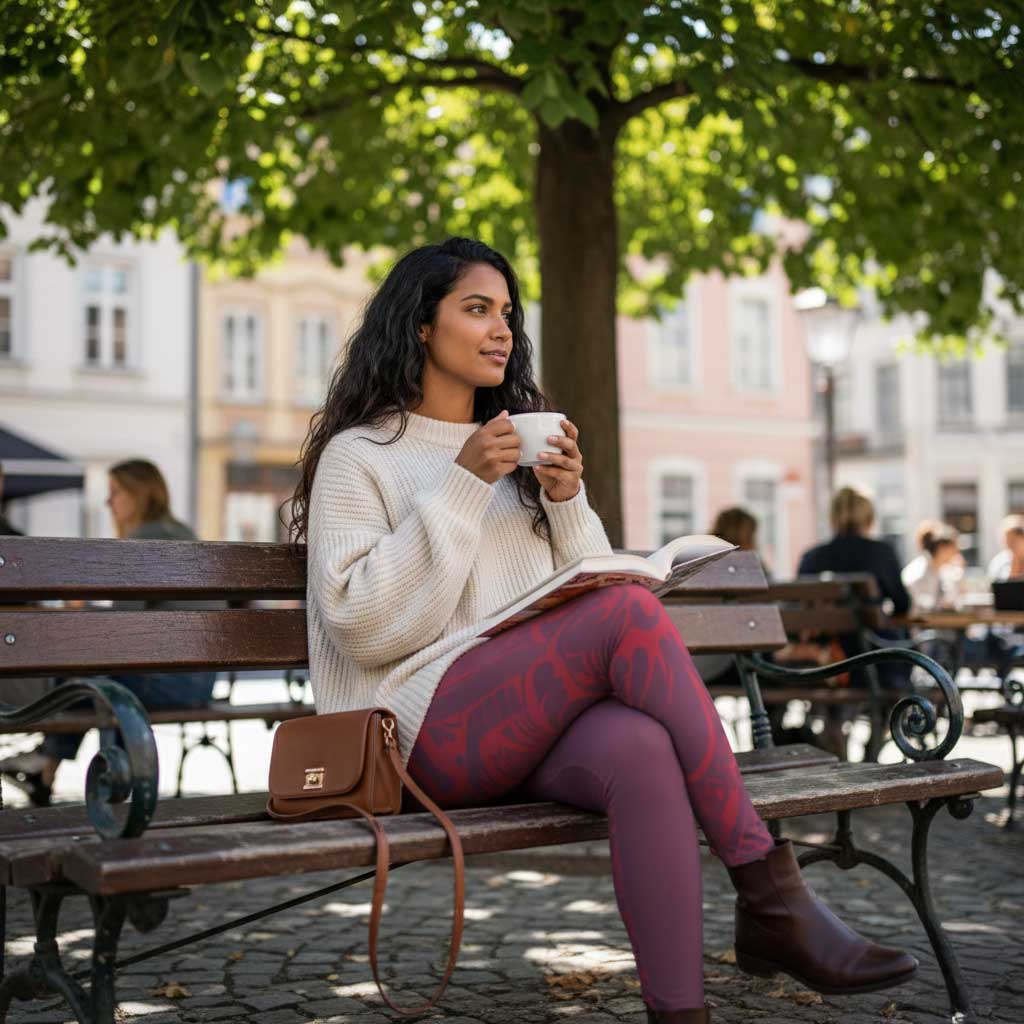FYBY IslandFlex Mid-Rise Leggings in Bloom Winterberry Red, plus size 2XL to 6XL, shown on a model with a focus on fit and color.