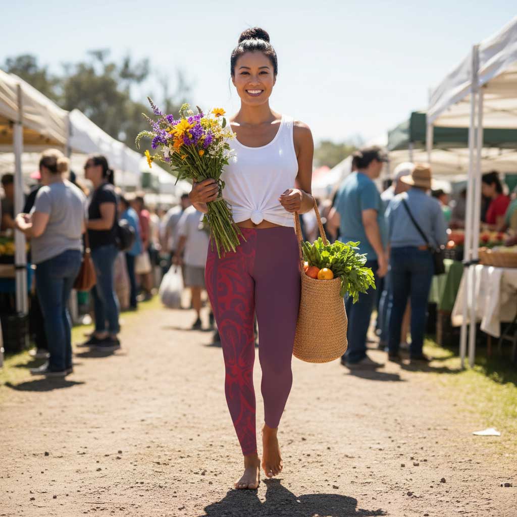 FYBY IslandFlex Mid-Rise Leggings in Bloom Winterberry Red, plus size 2XL to 6XL, showing comfortable fit and vibrant color.