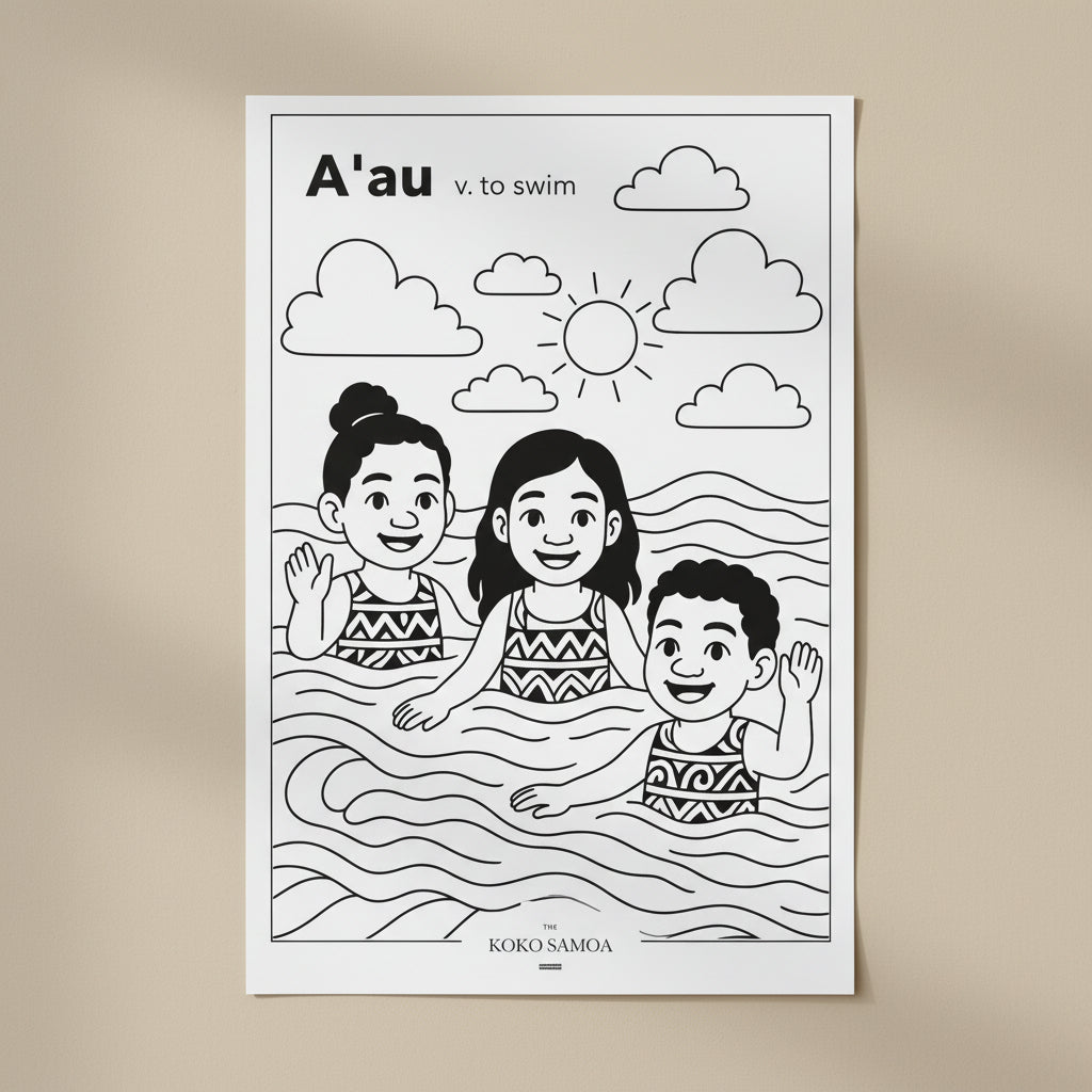 Downloadable Learn and Colour Sheet by THE KOKO SAMOA featuring A'au design for AU, NZ, and USA audiences.