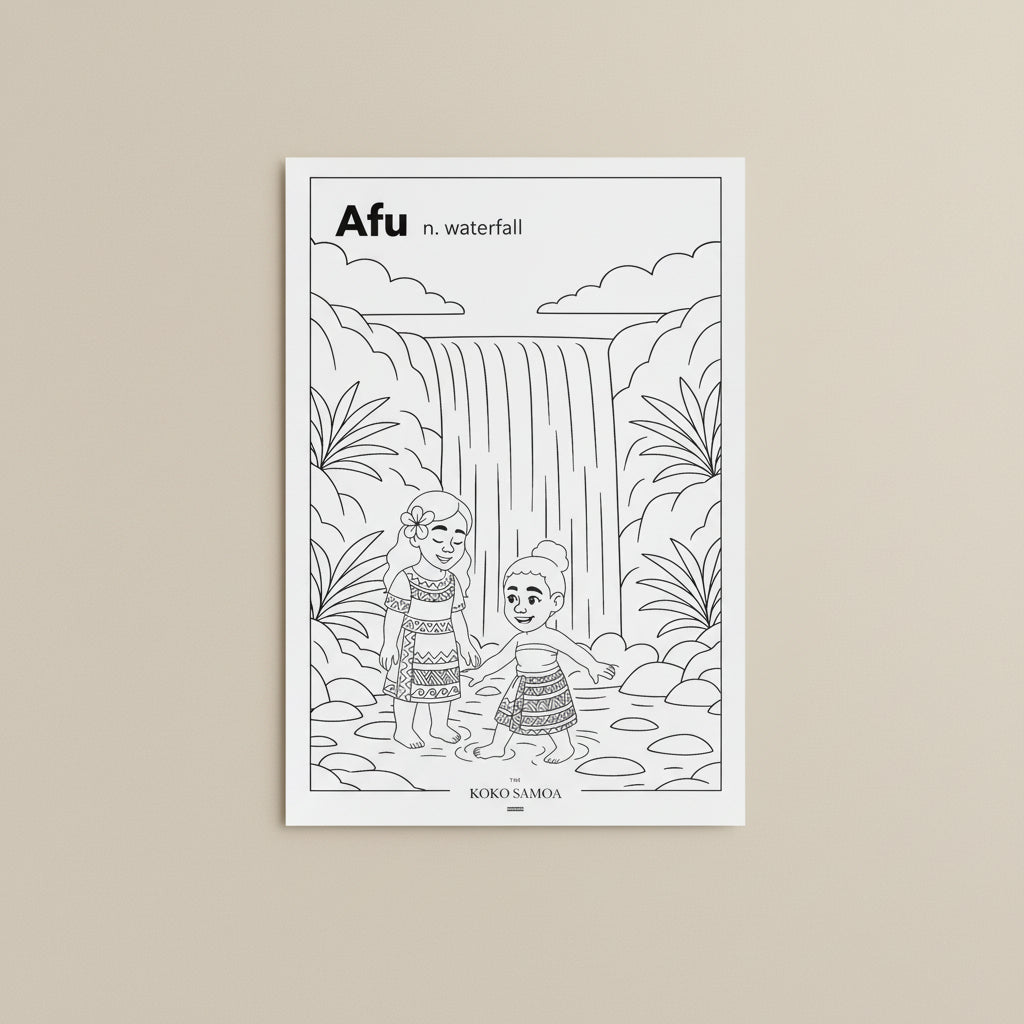 Downloadable Learn and Colour Sheet featuring Afu by THE KOKO SAMOA, designed for AU, NZ, and USA audiences.