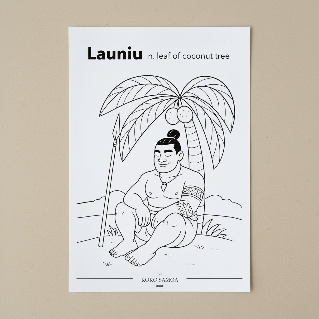 Downloadable Learn and Colour Sheet from THE KOKO SAMOA featuring Launiu design for AU, NZ, and USA audiences.