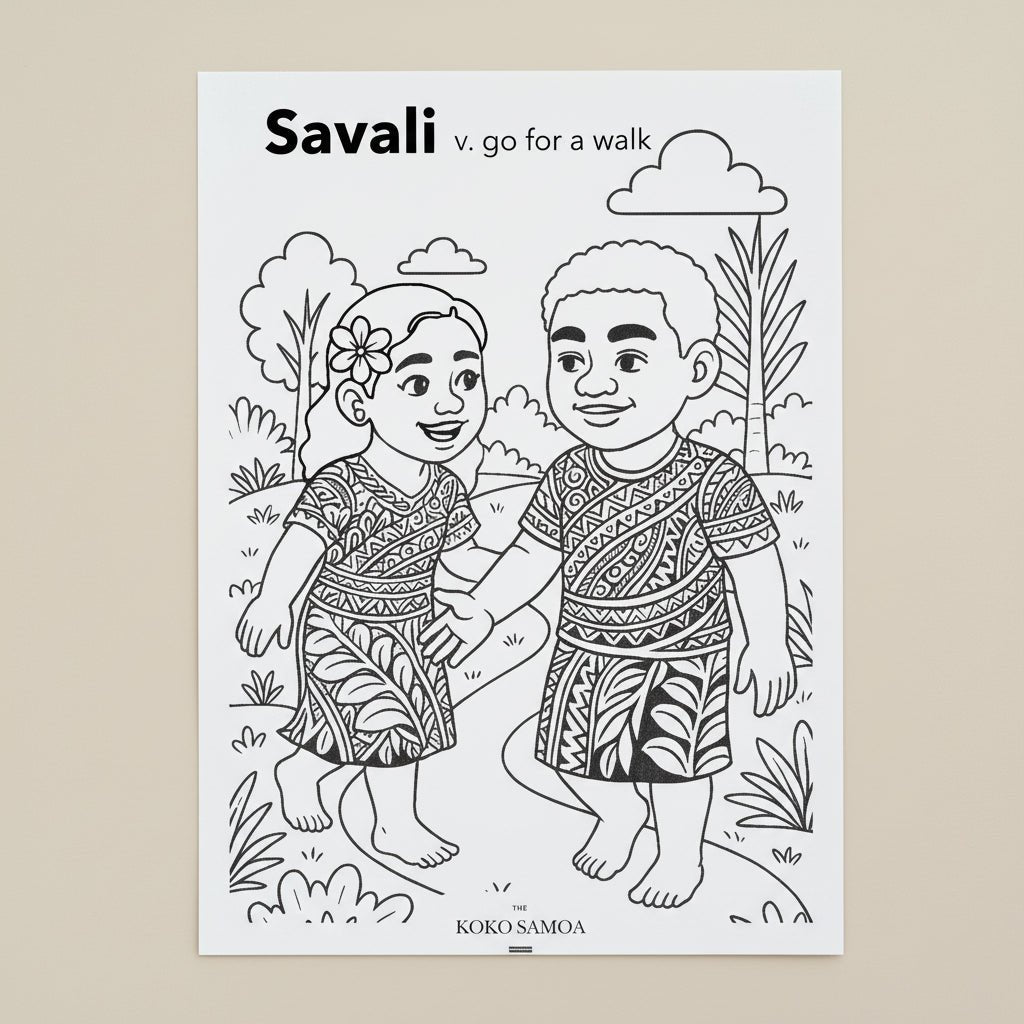 Downloadable Learn and Colour Sheet featuring Savali design by THE KOKO SAMOA for AU, NZ, and USA audiences.