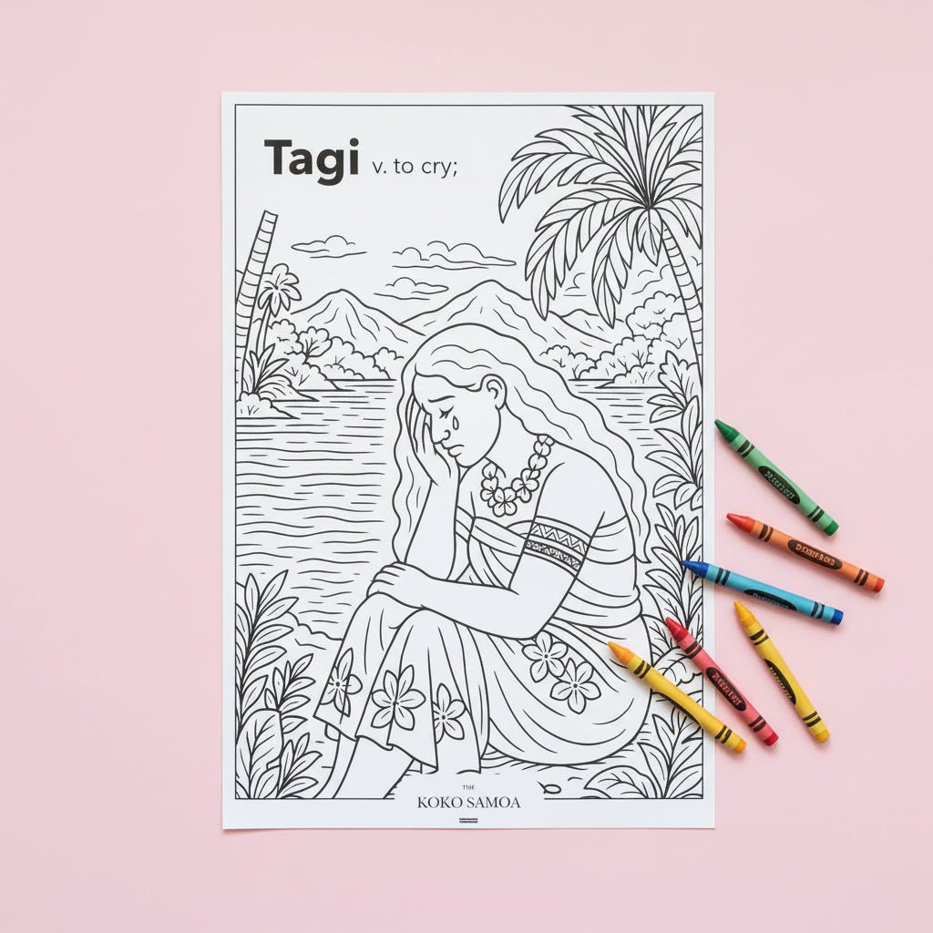Downloadable Learn and Colour Sheet featuring Tagi by THE KOKO SAMOA, suitable for AU, NZ, and USA audiences.