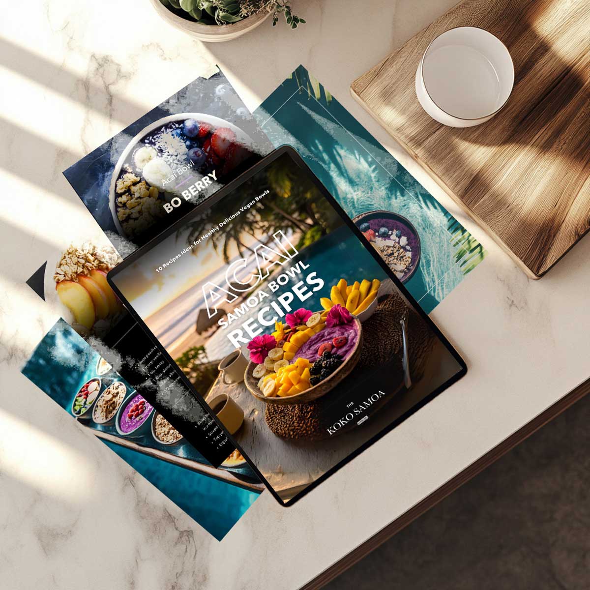E-Book cover for The Koko Samoa Acai Samoa Bowl Recipes featuring vibrant bowl images and recipe titles.