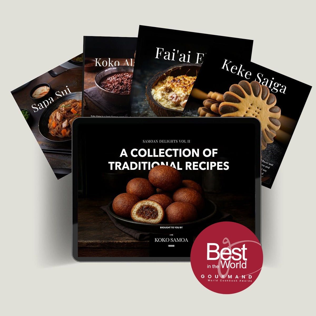 E-Book cover titled Samoan Delights: Samoan Recipes Cookbook by The Koko Samoa, featuring traditional Samoan dishes.