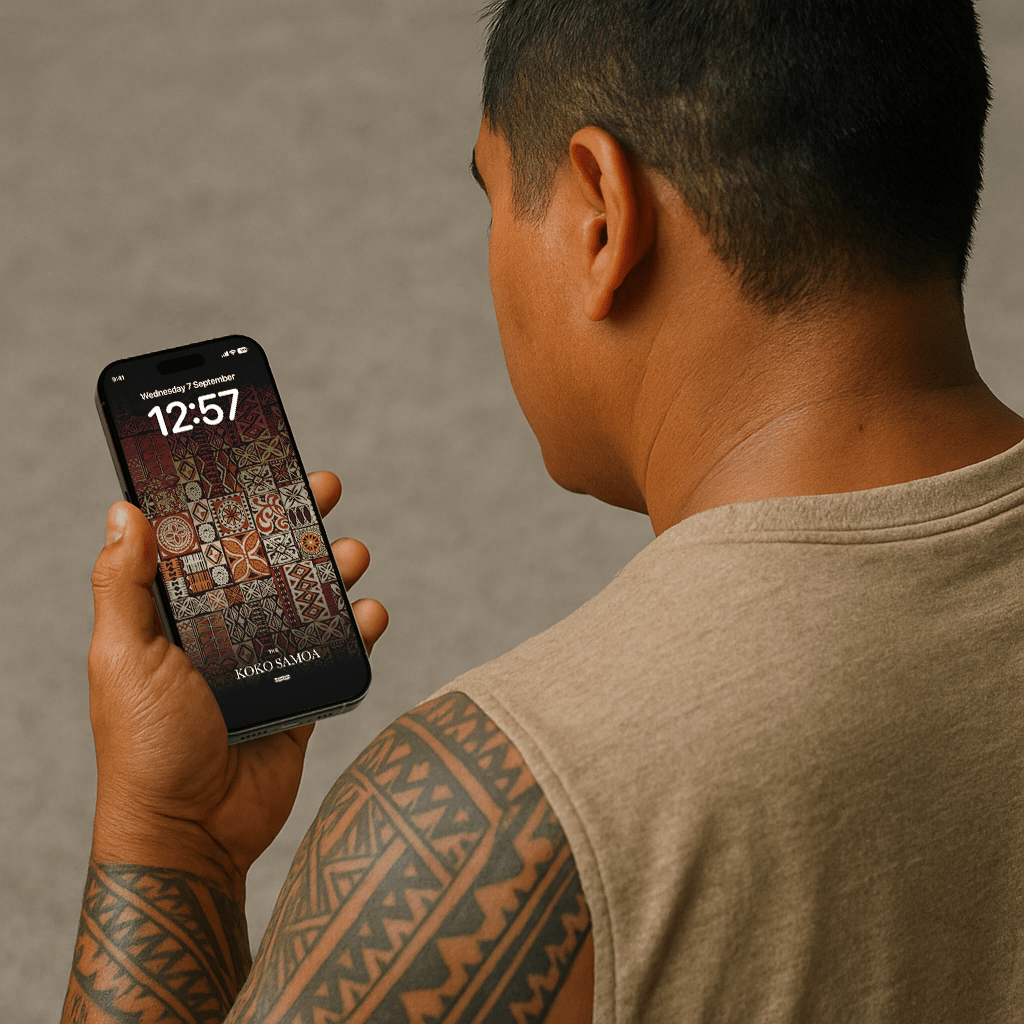 Phone wallpaper by The Koko Samoa featuring traditional Samoan patterns and vibrant colors for AU, NZ, and USA devices.