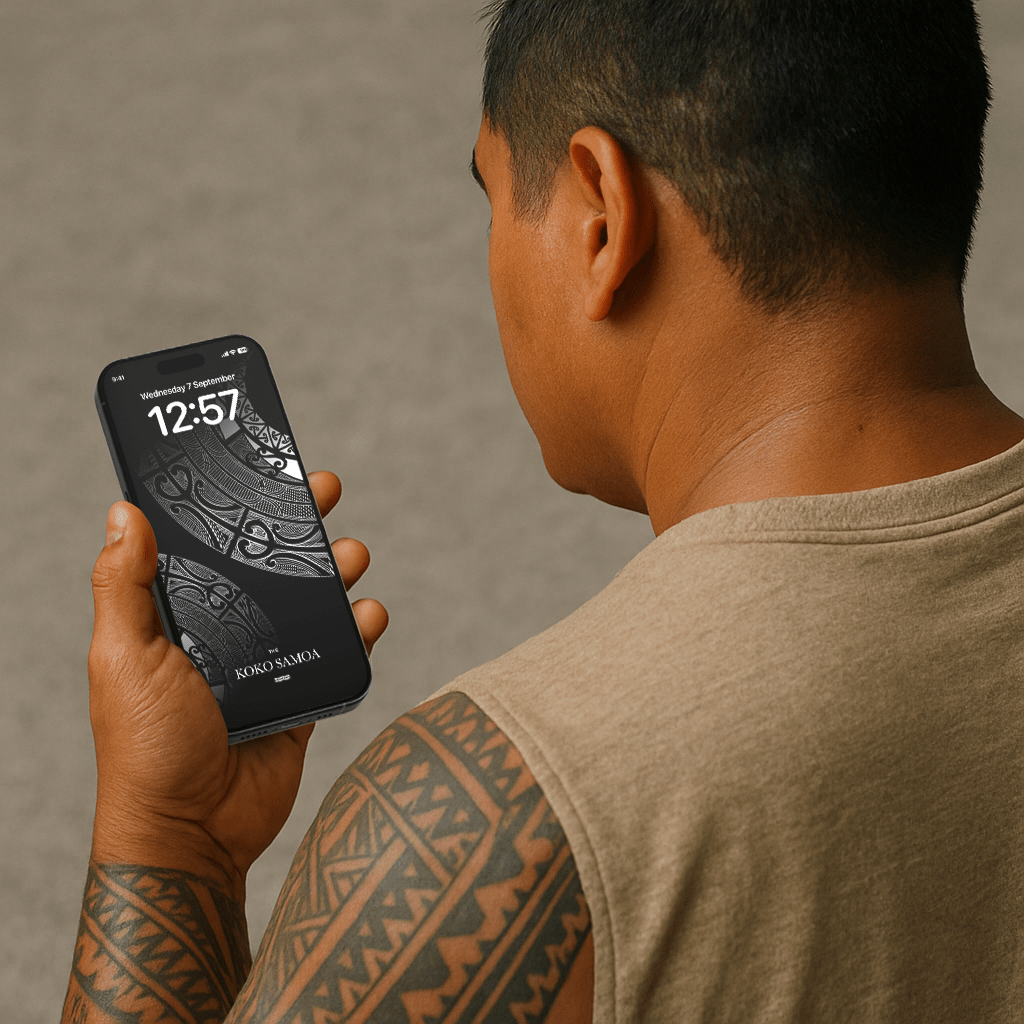 Māori-themed phone wallpaper by The Koko Samoa, featuring traditional patterns and vibrant colors for mobile device backgrounds.