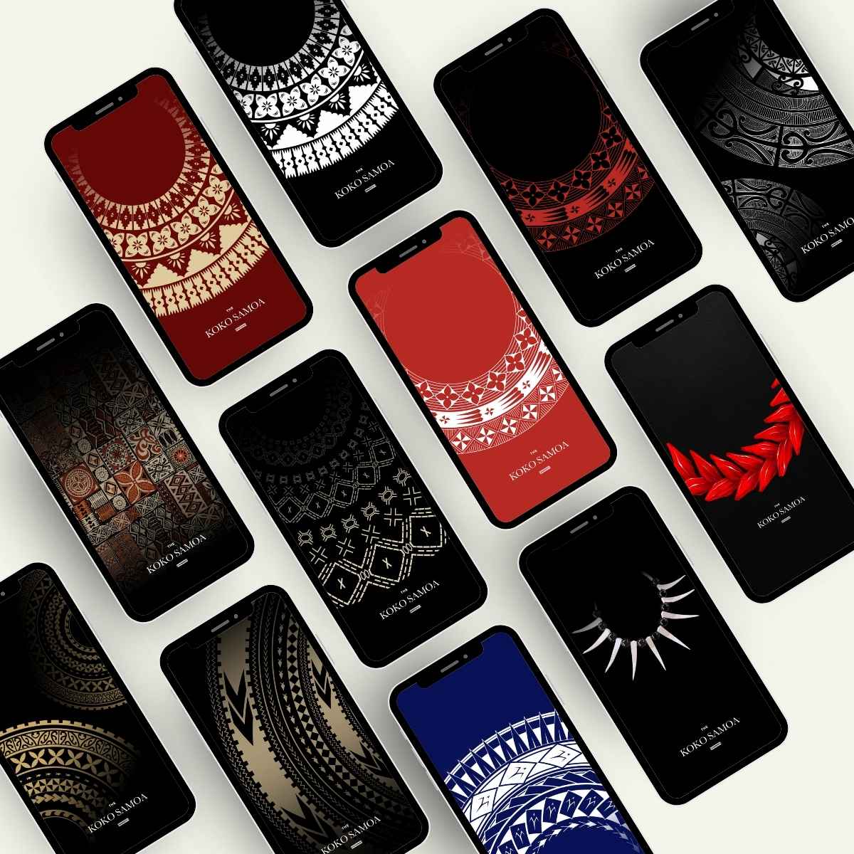 Set of 12 The Koko Samoa phone wallpapers featuring vibrant, tropical designs for AU, NZ, and USA devices.