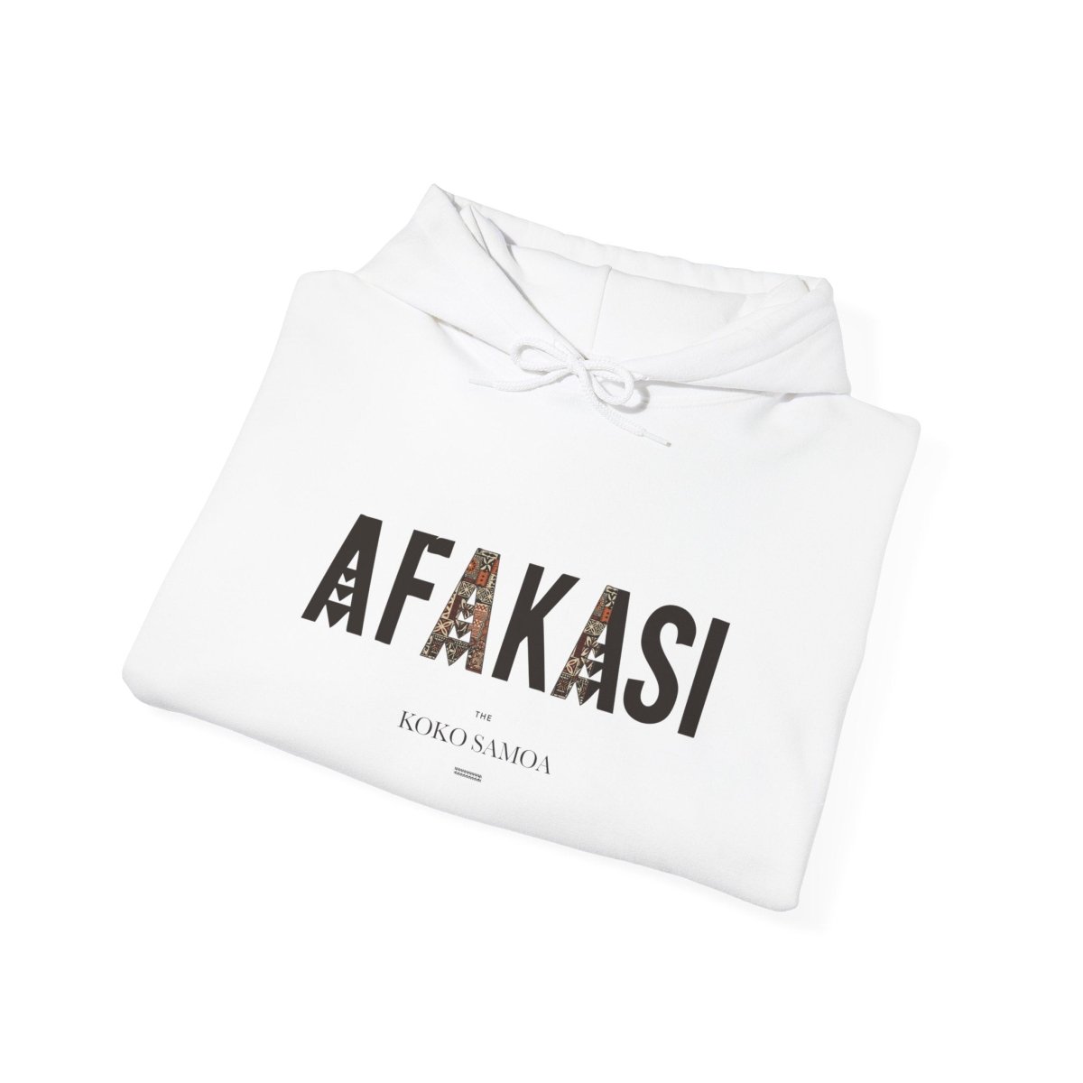 White IslandHeavy™ hoodie in Plus 2XL-5XL size, featuring Afakasi design, worn by a person.
