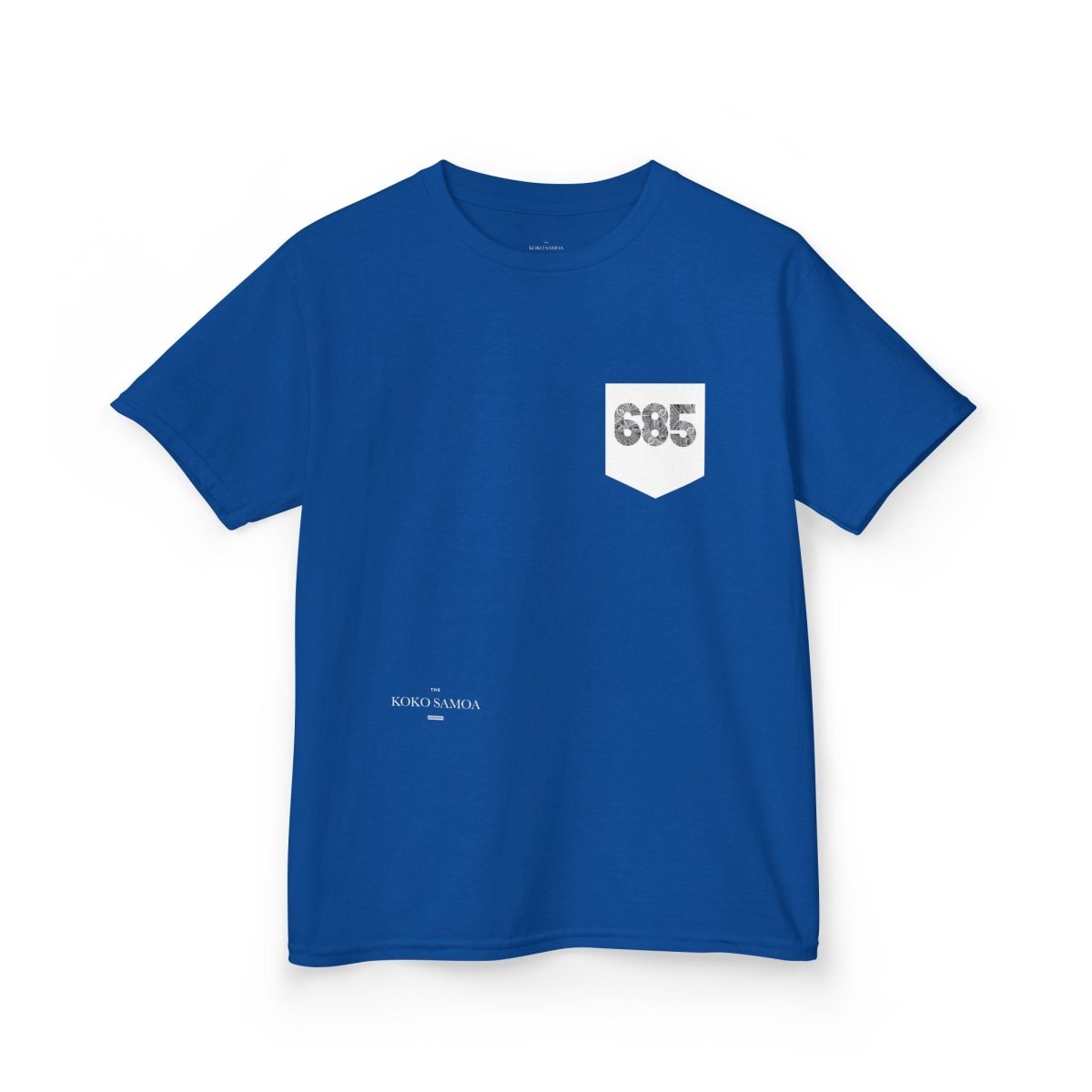 Kids unisex navy T-shirt with pocket, made by The Print Bar, featuring a casual fit for children.