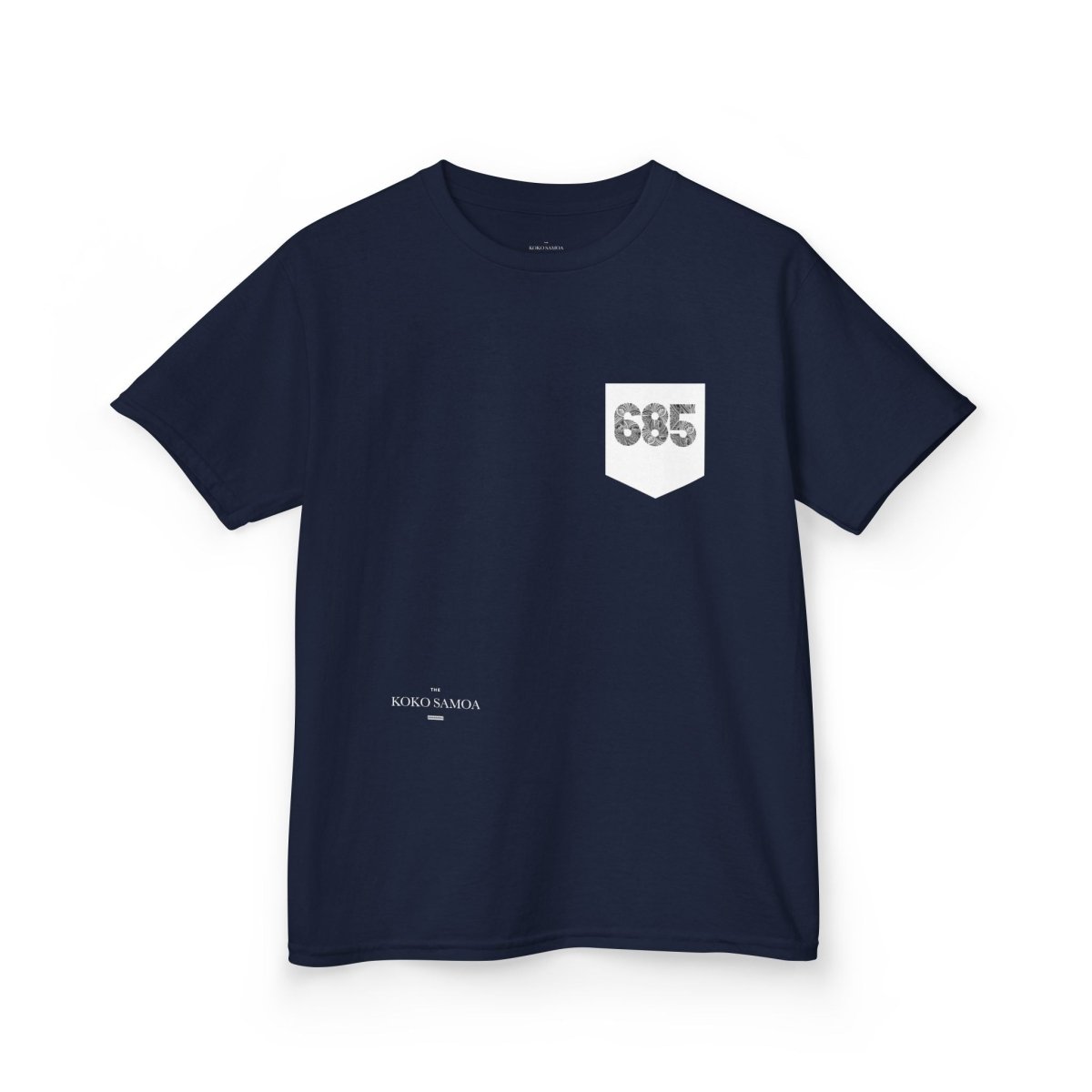Kids unisex navy T-shirt with pocket from The Print Bar, featuring a comfortable fit for children in AU/NZ sizes.