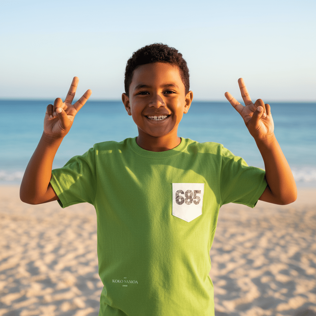 Kids unisex navy T-shirt with pocket from The Print Bar, featuring a casual design for children in AU/NZ sizing.