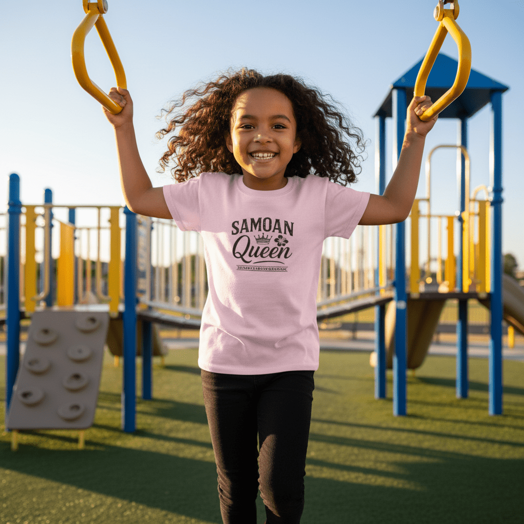 Kids unisex navy T-shirt featuring a Samoan Queen design, made by The Print Bar, suitable for AU and NZ sizes.