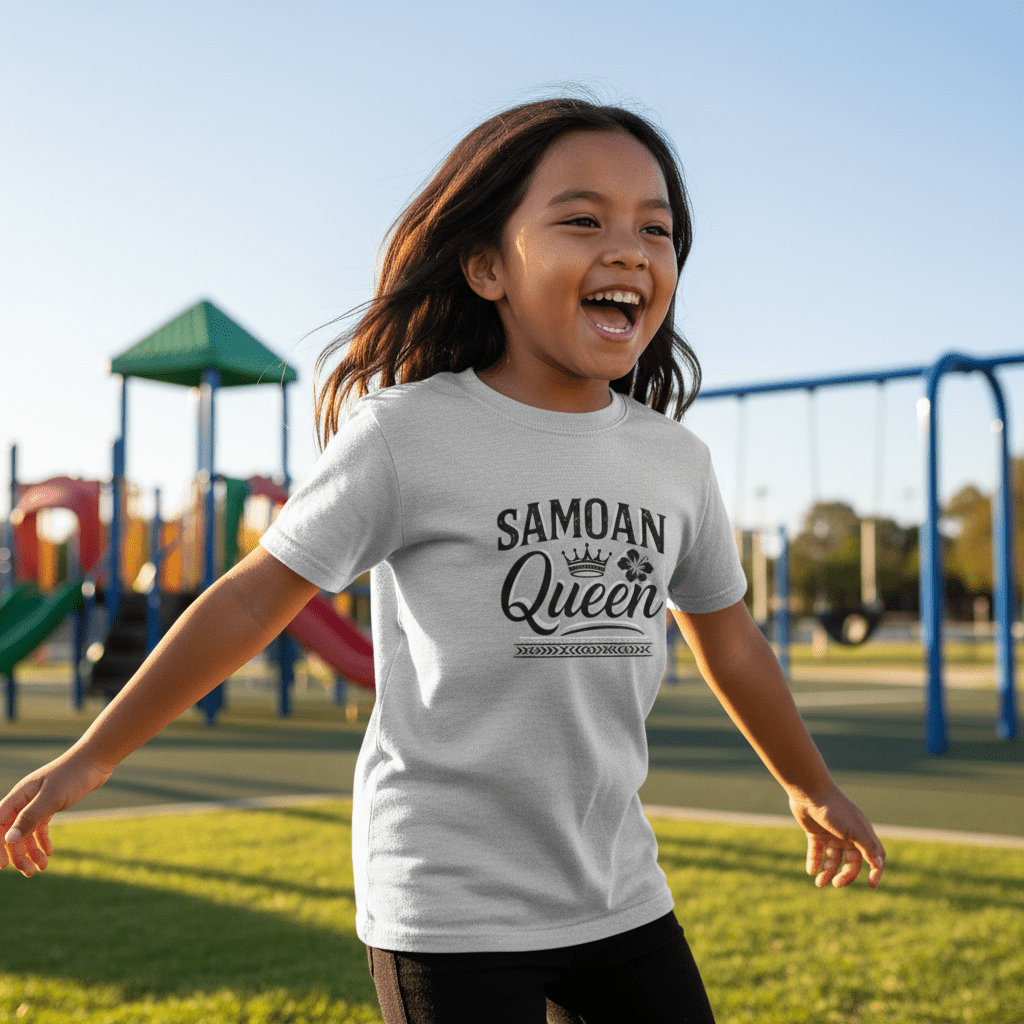 Navy kids unisex T-shirt featuring Samoan Queen design by The Print Bar, suitable for boys and girls in AU/NZ sizes.