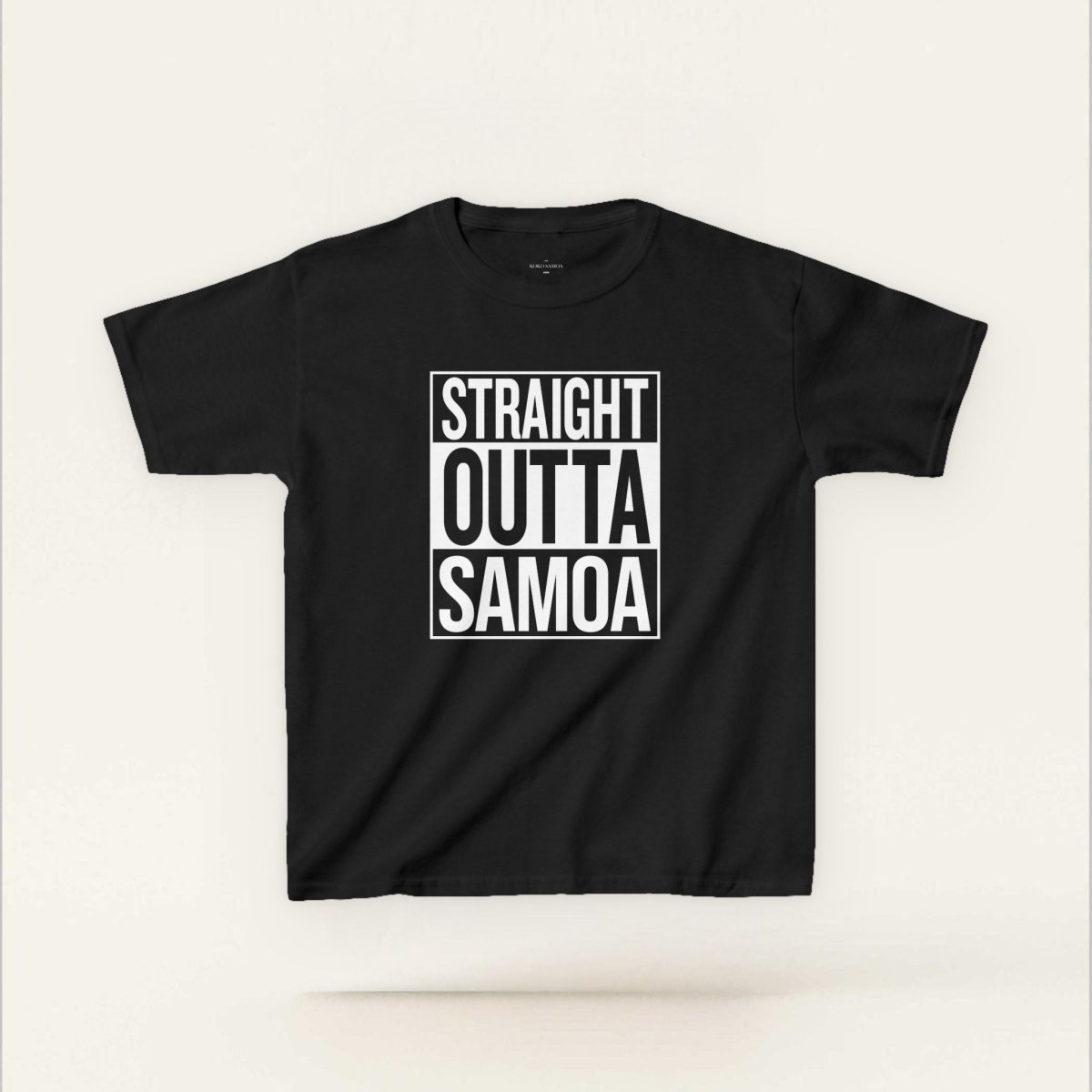 Navy kids unisex tee by The Print Bar featuring "Straight Outta Samoa" graphic, casual style for children.