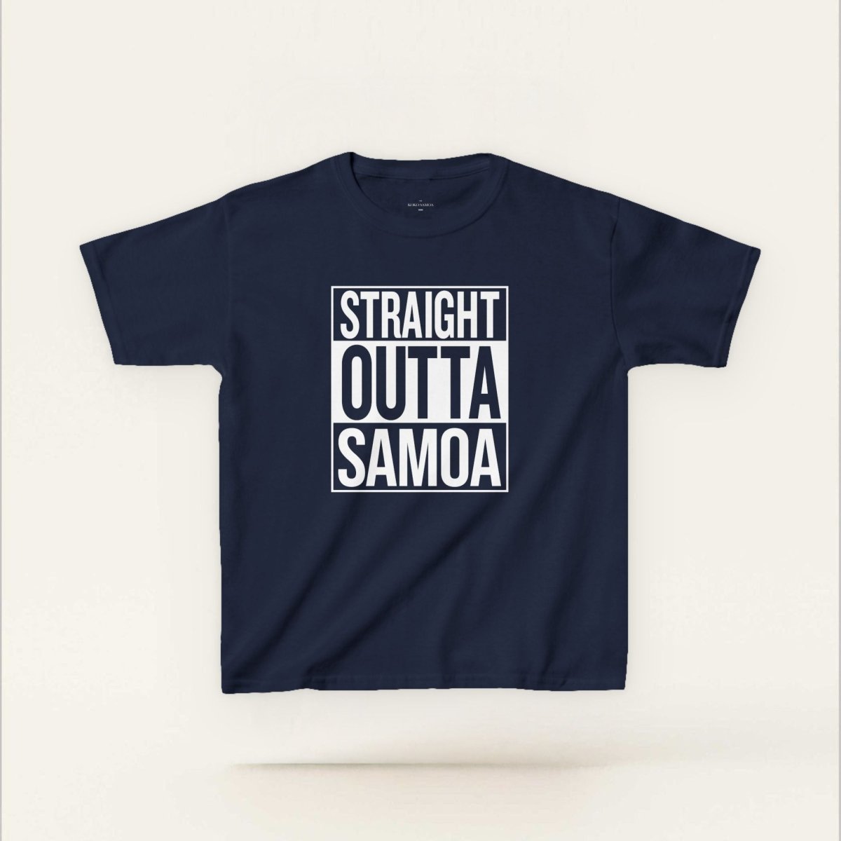 Kids unisex navy tee from The Print Bar featuring "Straight Outta Samoa" graphic, suitable for AU/NZ sizes, casual style.