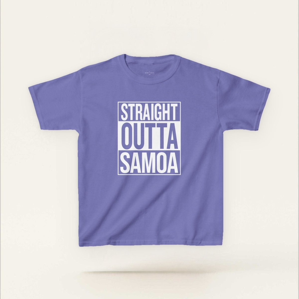 Navy unisex kids' tee from The Print Bar with "Straight Outta Samoa" print, featuring a casual fit for boys and girls.