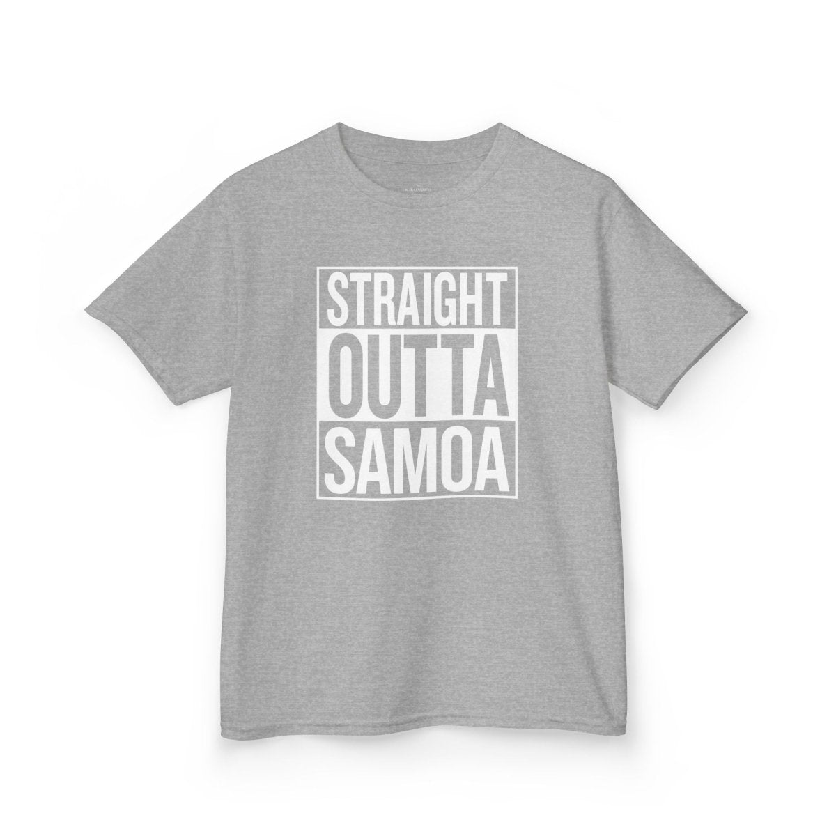 Navy kids unisex T-shirt with "Straight Outta Samoa" graphic from The Print Bar, suitable for AU/NZ sizes.